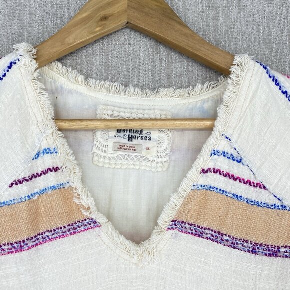 Holding Horses Anthropologie Dress Mini V-Neck Fringe‎ Boho Stripe Shift - Picture 4 of 13